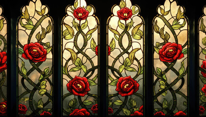 Beautiful stained glass windows adorned with red roses and green vines, perfect for architectural art and decorative design concept