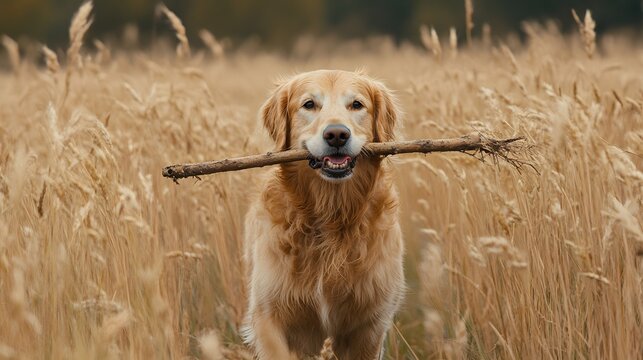 A golden retriever carrying a stick in its mouth, standing in a field full of tall grass