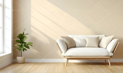 Minimalist Scandinavian Living Room with Wooden Furniture and Soft Sunlight 3D Render