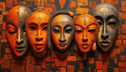 Collection of vibrant tribal masks displayed on an orange textured background, perfect for cultural art and heritage concept