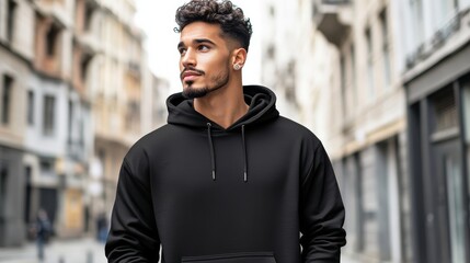 Fototapeta premium Urban Portrait Man in Black Hoodie, City Street Backdrop,Fashion, Menswear