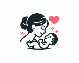 Happy Mother's Day Cartoon Logo. Mother and Baby Vector Illustration Design