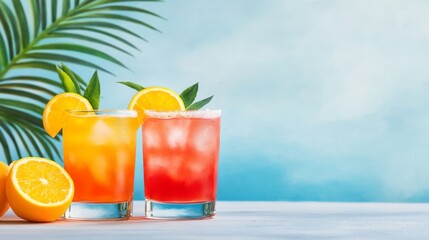 Tropical Refreshment Two Colorful Cocktails with Orange Slices and Palm Leaf, Summer , Drinks