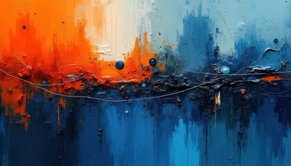 Abstract painting with bold orange and blue colors, textured elements, and circular shapes