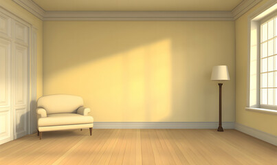 Cozy and Elegant Modern Living Room with Natural Light and Wooden Decor 3D Rendering