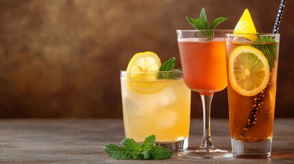 Fototapeta premium Three Refreshing Lemon Drinks Summer Mocktails with Mint, Beverages, Cocktails
