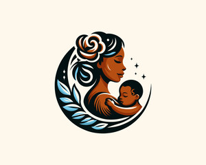 Happy Mother's Day Cartoon Logo. Mother and Baby Vector Illustration Design