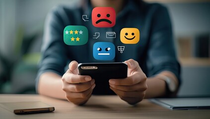 Customer feedback displayed on a smartphone.  Hands hold a mobile device with various feedback icons, indicating positive and negative reviews