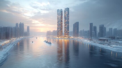 Obraz premium Serene Winter Cityscape: Twin Towers Reflecting on a Frozen River at Sunset