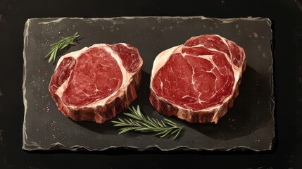 Fototapeta premium Two raw ribeye steaks presented on a black stone board