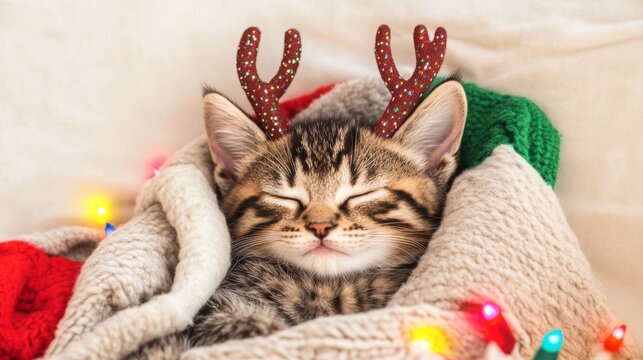 Sleeping Reindeer Kitten Close-up of tabby in blanket with Christmas lights, Holidays , Kitten