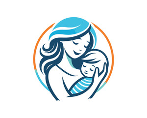 Happy Mother's Day Cartoon Logo. Mother and Baby Vector Illustration Design
