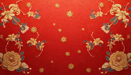 Elegant floral embroidery design on a vibrant red background, perfect for textile art and luxurious decor concept