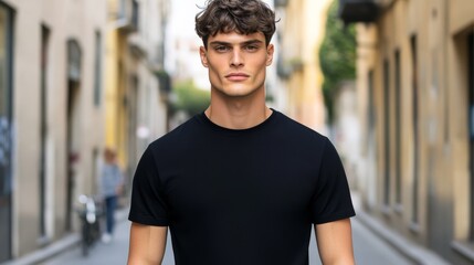 Fototapeta premium Portrait of Young Man in Black T-Shirt on Urban Street, Model, Fashion