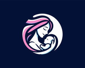 Happy Mother's Day Cartoon Logo. Mother and Baby Vector Illustration Design