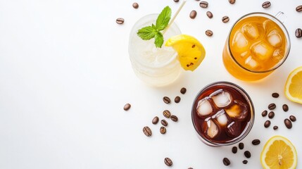 Overhead shot of Iced Drinks with Lemon, Mint and Coffee Beans on White, Coffee, Drinks