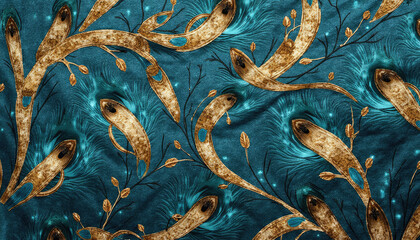 Artistic pattern featuring golden fish and swirling water designs on a teal background, perfect for textile design and decorative art concept