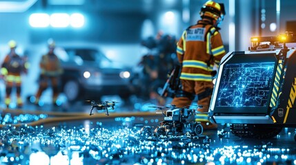 Emergency response action with drones urban setting technology showcase nighttime environment aerial view innovation in safety