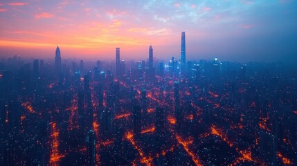 Fototapeta premium Sunrise Cityscape: Aerial View of Shanghai's Skyline at Dawn