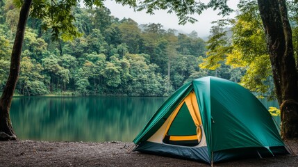Lakeside Camping Front view of green tent, lush forest backdrop reflecting in serene water, outdoors, adventure ,camping