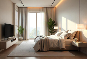 Fototapeta premium Modern minimalist bedroom with cozy lighting, large window, and elegant decor. Neutral tones create a warm and inviting atmosphere for relaxation.