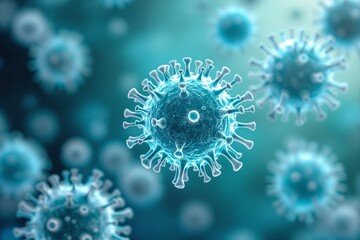 Glowing virus cells with detailed spikes in a creative scientific style, floating on a smooth blue background, concept of infection and disease. Ai generative