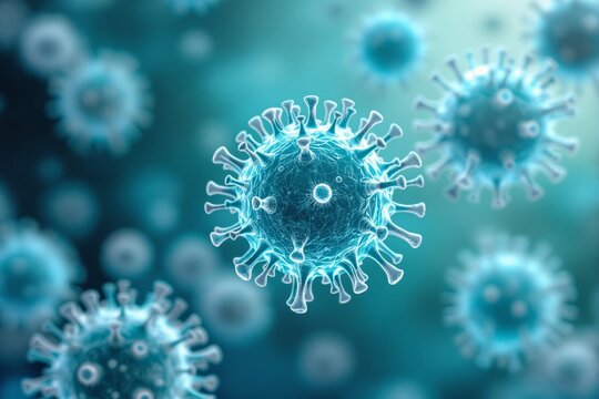 Glowing virus cells with detailed spikes in a creative scientific style, floating on a smooth blue background, concept of infection and disease. Ai generative
