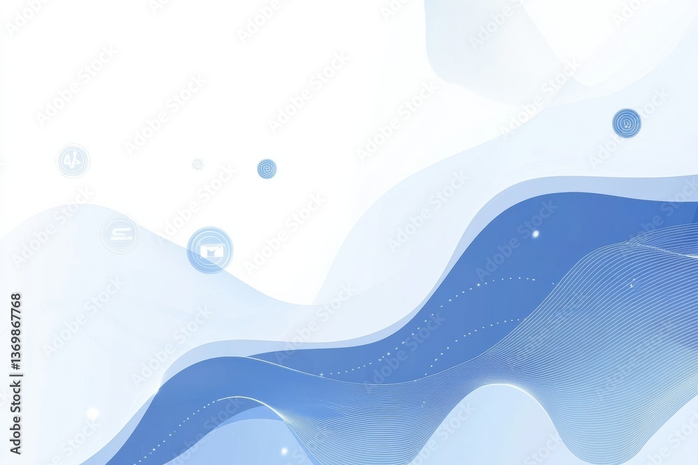 Poster modern digital background showcasing transaction icons and flowing waves in blue and white tones for