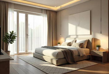 Obraz premium Modern minimalist bedroom with cozy lighting, large window, and elegant decor. Neutral tones create a warm and inviting atmosphere for relaxation.