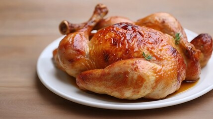Golden Roasted Chicken Close-up on White Plate, Delicious Festive Meal,Poultry ,Dinner