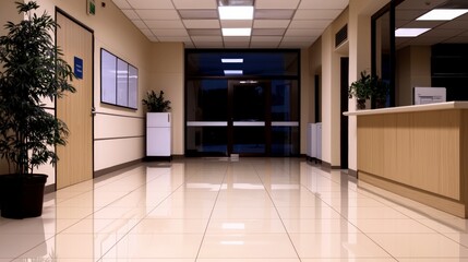 Obraz premium Modern Office Building Interior Hallway with Polished Floors and Glass Doors