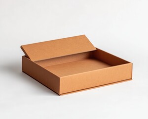 Open square cardboard box, studio shot, white background, packaging