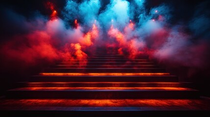 Fototapeta premium Mysterious Stairway to the Unknown: Neon Lights and Enigmatic Smoke