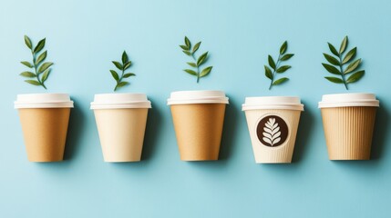 Obraz premium Eco Coffee Cups with Green Leaves on Blue, Sustainability ,Coffee