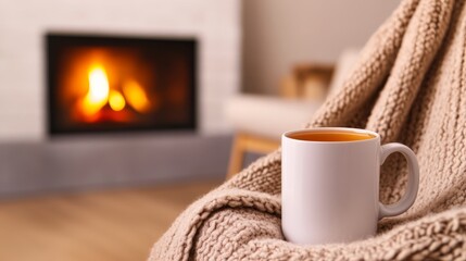 Cozy Fireplace Mug on Blanket in Warm Room, Fireside ,Relaxation