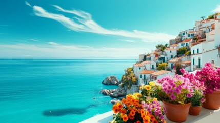 Coastal View White Houses, Blue Sea and Vibrant Flowers, Travel ,Italy