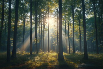 Obraz premium Magical Sunbeams Illuminating Misty Forest at Dawn Tranquil Nature Scene