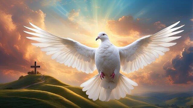 A radiant scene depicting a dove with outstretched wings,