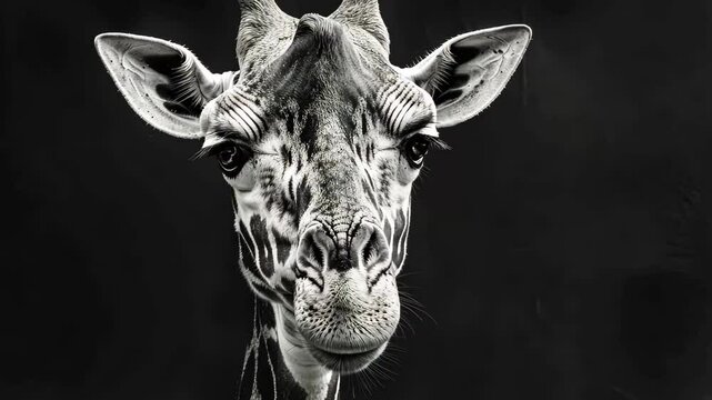 The giraffe gazes directly ahead, highlighting its long neck, expressive eyes, and distinctive patterns against a dark backdrop, capturing its remarkable beauty.