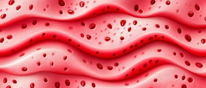 Abstract background displaying pink wavy surfaces with red droplets
