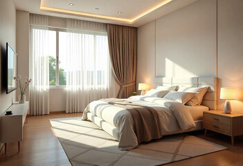 Fototapeta premium Modern minimalist bedroom with cozy lighting, large window, and elegant decor. Neutral tones create a warm and inviting atmosphere for relaxation.