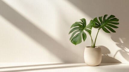 Soft light botanical styling with philodendron leaves, sun streaming in through a hidden window casting long shadows, serene minimalism