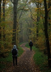 Fototapeta premium Two people hiking on a serene forest path during autumn showcasing vibrant fall foliage, perfect for outdoor adventures and nature walks.