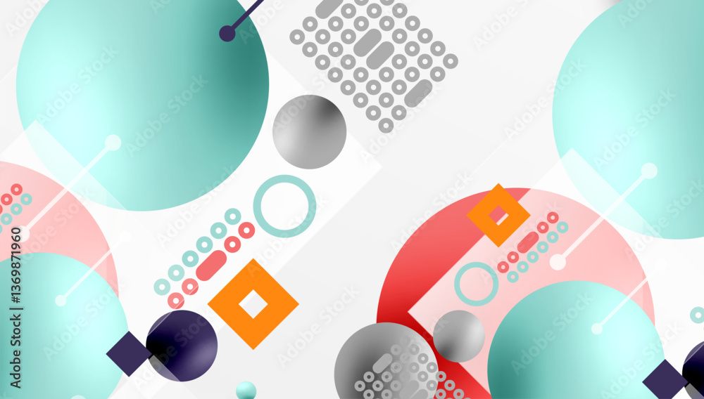 Poster Minimalistic abstract vector design, layered geometric shapes circles, squares, and triangles with soft pastel gradients and semi-transparent effects. Perfect for contemporary use