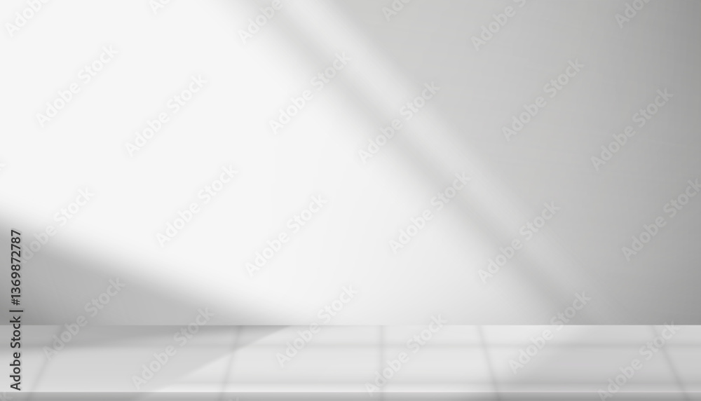 Poster background white wall studio room with light,shadow on table top,grey backdrop for spring,summer pro