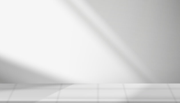 Background White Wall Studio Room with Light,Shadow on Table Top,Grey Backdrop for Spring,Summer product presentation,Empty 3D Display Kitchen Room with Stand for Web Banner in Autumn or Winter