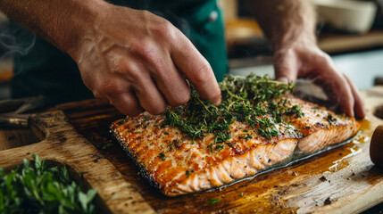 In a rustic kitchen, a man applies fresh herbs to grilled salmon, enhancing its flavor. The warm, inviting atmosphere highlights the art of cooking with fresh ingredients.
