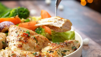 Roasted Chicken piece taking with chopped spoon, Garlic Chicken piece taking with spoon