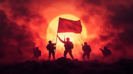 Soldiers Raising National Flag at Sunrise Against Dramatic Background of Red Sky and Clouds