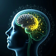 Fototapeta premium 3D illustration of human brain with yellow particles representing neurological disease or cognitive impairment